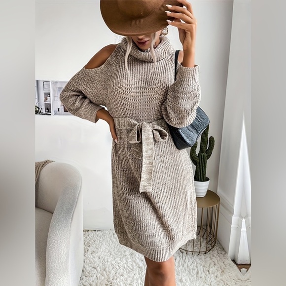 Cold-Shoulder Turtleneck Sweater Dress - Picture 1 of 3